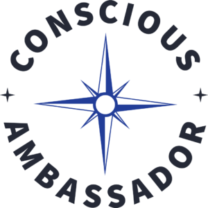 A blue star with the words conscious ambassador written underneath it.